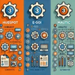 DALL·E 2024 08 14 10.39.45 A comparative illustration between HubSpot E goi and Mautic. The image is divided into three sections each representing one of these marketing auto