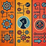 DALL·E 2024 08 14 10.45.46 A representative image of automation software like n8n Zapier and a third tool. The image is divided into three sections each with a distinct backg
