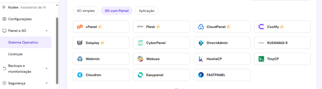 Instalação do painel e Sistema Operativo 3 Sistema Operativo Hostinger hestiacp
